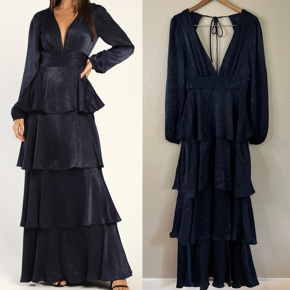 NWOT Tier For Love Navy Blue Satin Long Sleeve Tiered Maxi Dress